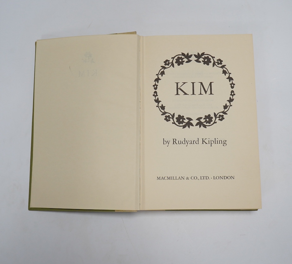 Kipling, Rudyard – Kim, 1st English edition, 8vo, photographic plates, tissue-guard, 2pp. publisher’s advertisement to rear, original red cloth, gilt medallion to upper cover, Macmillan & Co. Ltd., London, 1901. Together